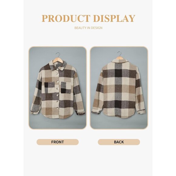 Plus Size Flannel Shacket Women's Casual Plaid Long Sleeve Button Up Coat - Picture 4 of 5